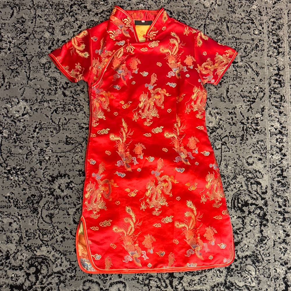 Vintage Red Satin and Gold Mandarin collar Mini Dress